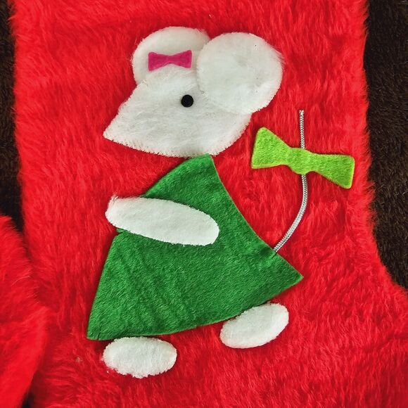 2 Vintage Fuzzy Christmas Red Stockings Angel & Mouse Felt Appliqué Handmade 70s - Picture 5 of 7